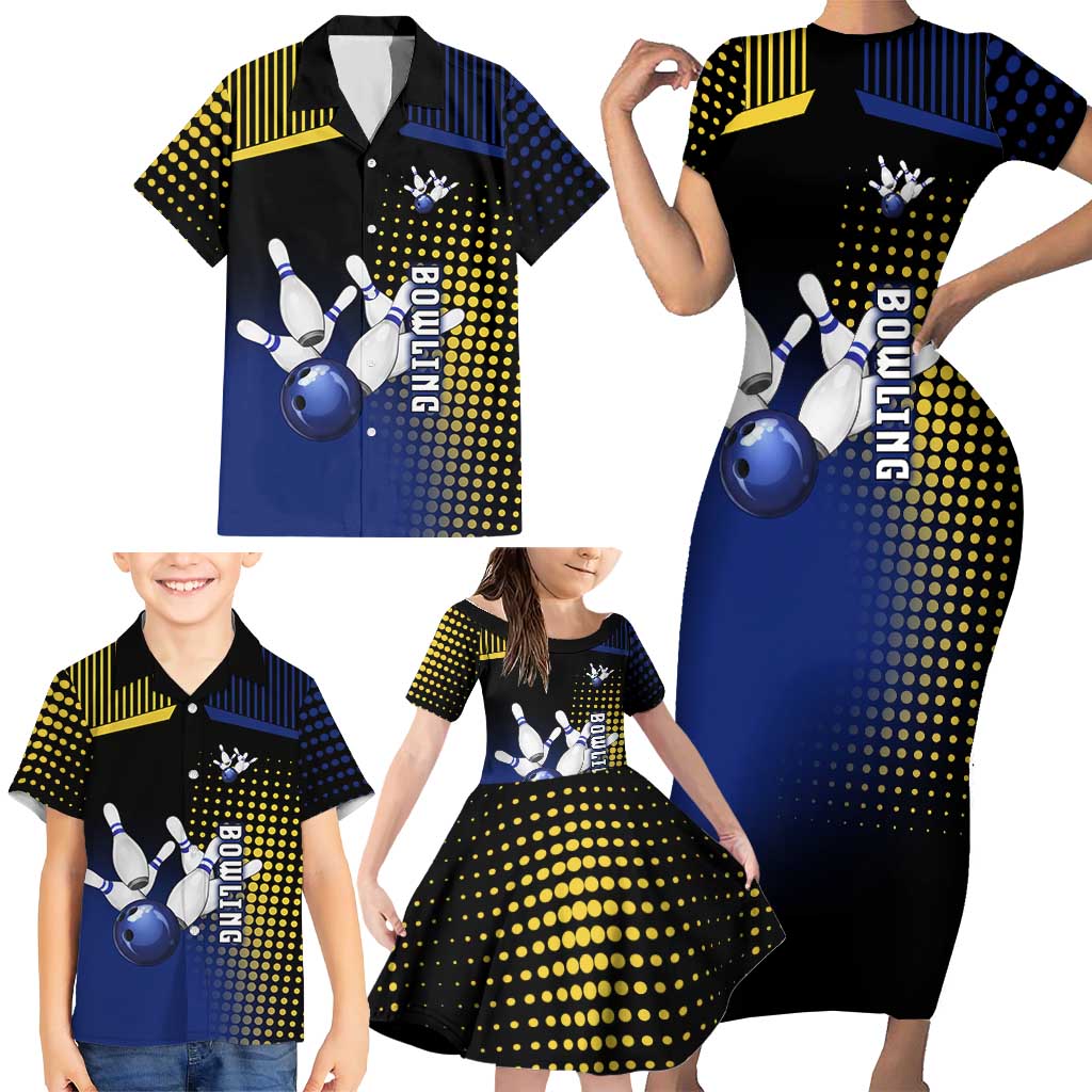 Personalized Blue and Yellow Bowling Family Matching Short Sleeve Bodycon Dress and Hawaiian Shirt with Striking Pins Retro Dot Pattern Design - Wonder Print Shop