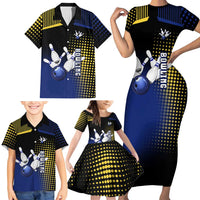 Personalized Blue and Yellow Bowling Family Matching Short Sleeve Bodycon Dress and Hawaiian Shirt with Striking Pins Retro Dot Pattern Design - Wonder Print Shop