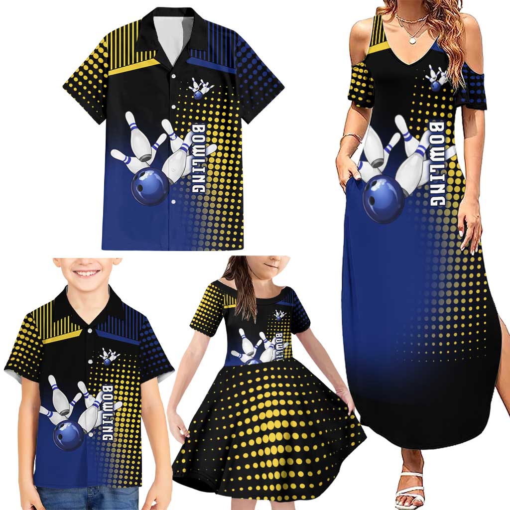 Personalized Blue and Yellow Bowling Family Matching Summer Maxi Dress and Hawaiian Shirt with Striking Pins Retro Dot Pattern Design - Wonder Print Shop
