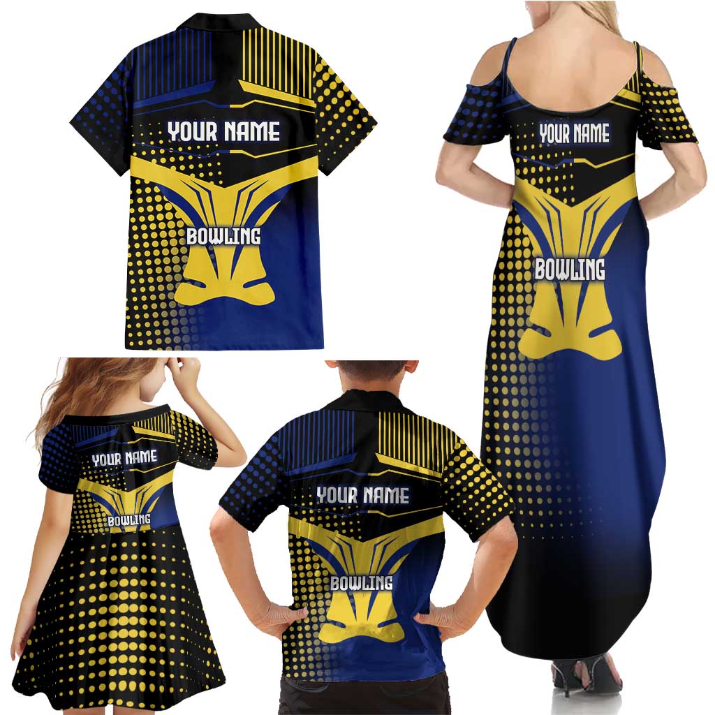 Personalized Blue and Yellow Bowling Family Matching Summer Maxi Dress and Hawaiian Shirt with Striking Pins Retro Dot Pattern Design - Wonder Print Shop