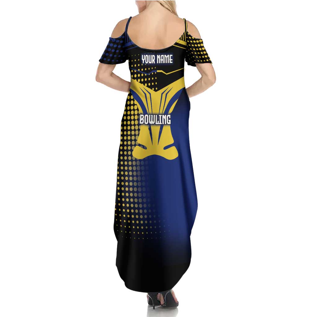 Personalized Blue and Yellow Bowling Family Matching Summer Maxi Dress and Hawaiian Shirt with Striking Pins Retro Dot Pattern Design - Wonder Print Shop