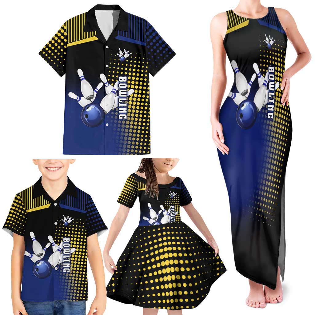 Personalized Blue and Yellow Bowling Family Matching Tank Maxi Dress and Hawaiian Shirt with Striking Pins Retro Dot Pattern Design - Wonder Print Shop