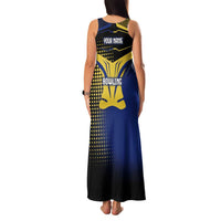 Personalized Blue and Yellow Bowling Family Matching Tank Maxi Dress and Hawaiian Shirt with Striking Pins Retro Dot Pattern Design - Wonder Print Shop