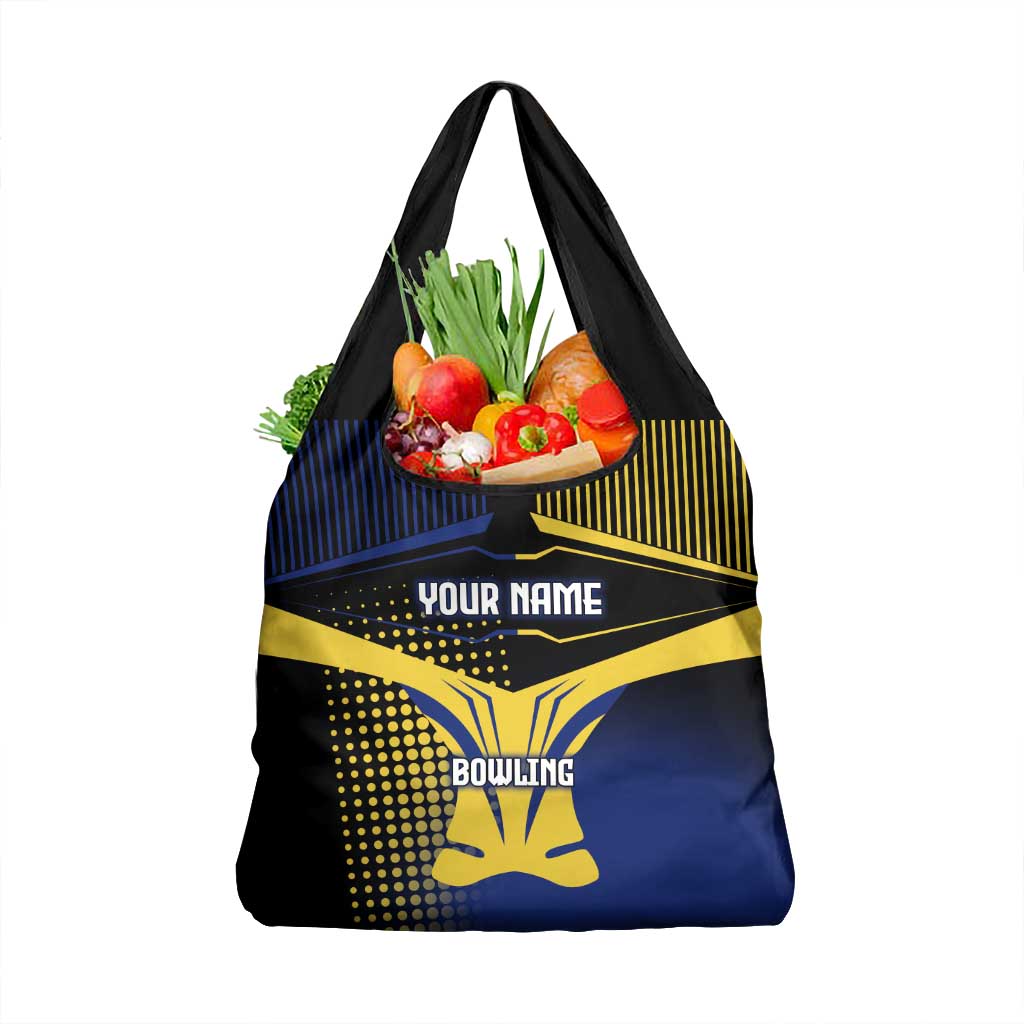Personalized Blue and Yellow Bowling Grocery Bag with Striking Pins Retro Dot Pattern Design - Wonder Print Shop