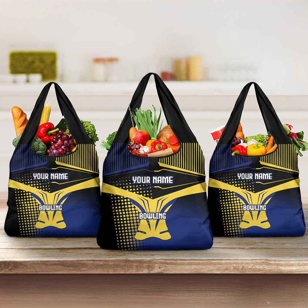 Personalized Blue and Yellow Bowling Grocery Bag with Striking Pins Retro Dot Pattern Design - Wonder Print Shop