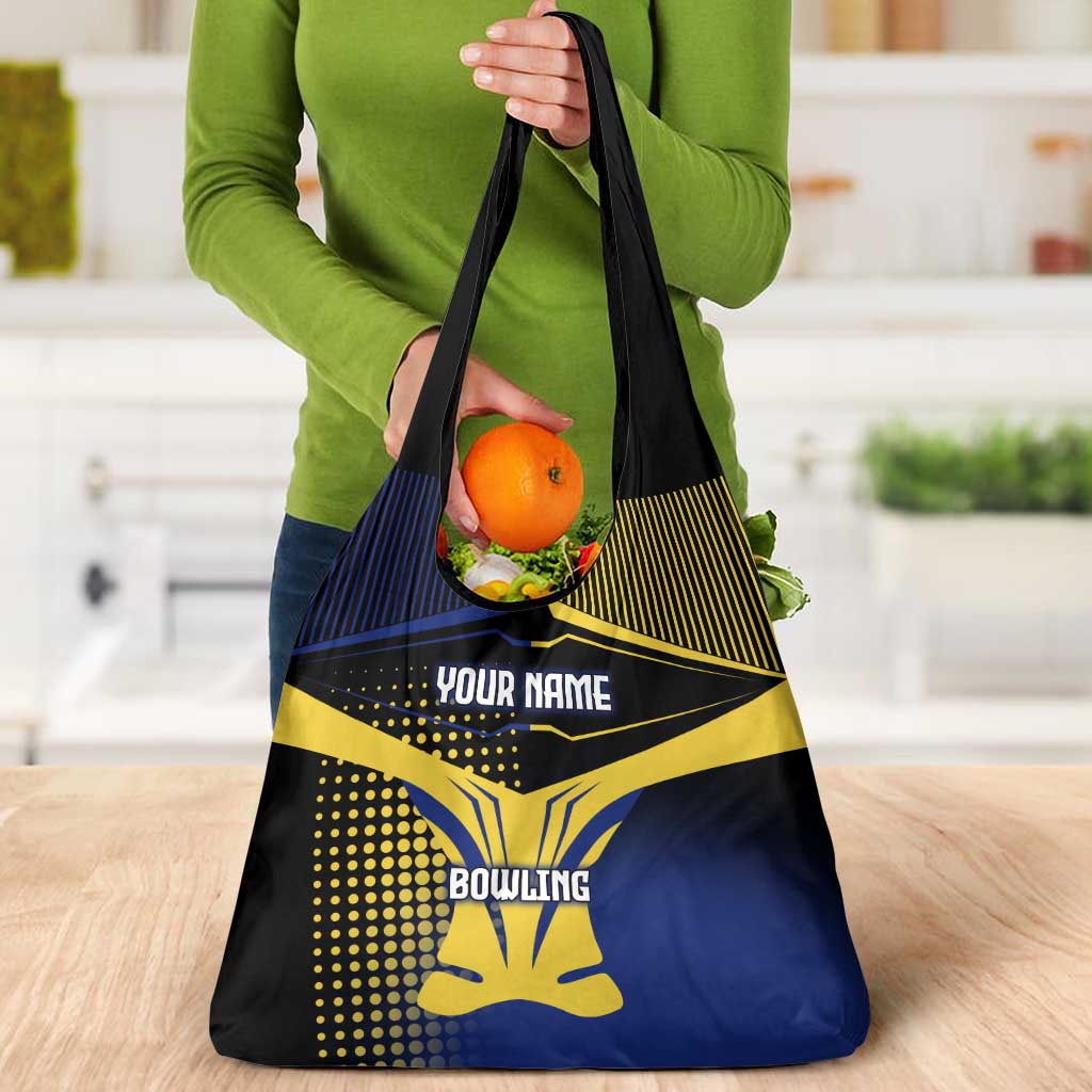 Personalized Blue and Yellow Bowling Grocery Bag with Striking Pins Retro Dot Pattern Design - Wonder Print Shop