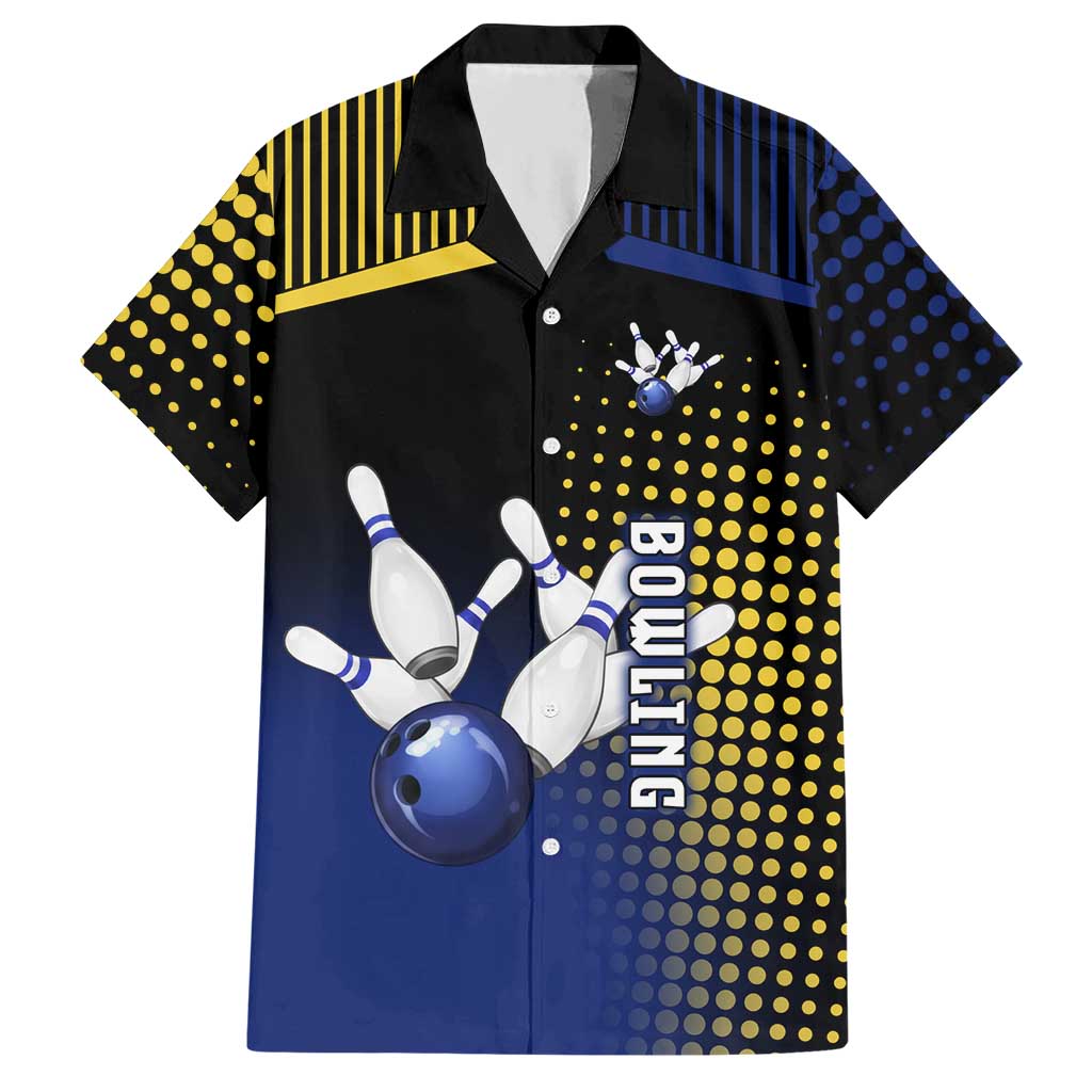 Personalized Blue and Yellow Bowling Hawaiian Shirt with Striking Pins Retro Dot Pattern Design - Wonder Print Shop