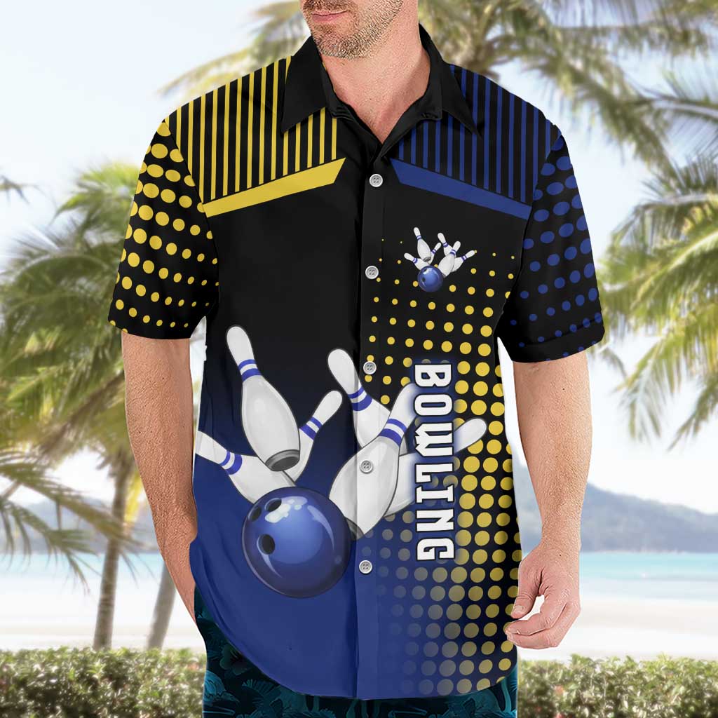Personalized Blue and Yellow Bowling Hawaiian Shirt with Striking Pins Retro Dot Pattern Design - Wonder Print Shop
