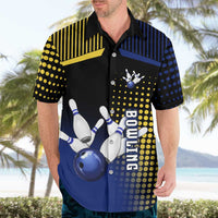 Personalized Blue and Yellow Bowling Hawaiian Shirt with Striking Pins Retro Dot Pattern Design - Wonder Print Shop