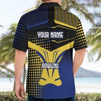 Personalized Blue and Yellow Bowling Hawaiian Shirt with Striking Pins Retro Dot Pattern Design - Wonder Print Shop