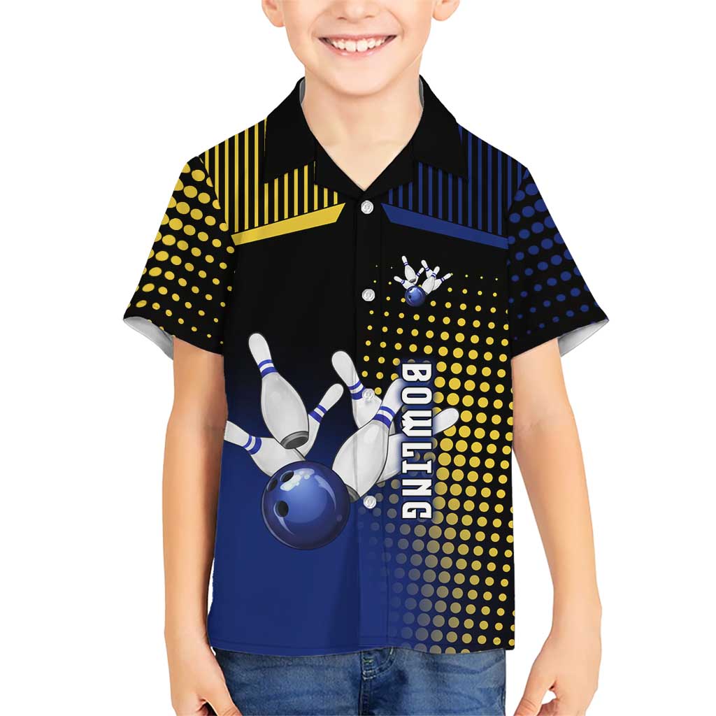 Personalized Blue and Yellow Bowling Hawaiian Shirt with Striking Pins Retro Dot Pattern Design - Wonder Print Shop