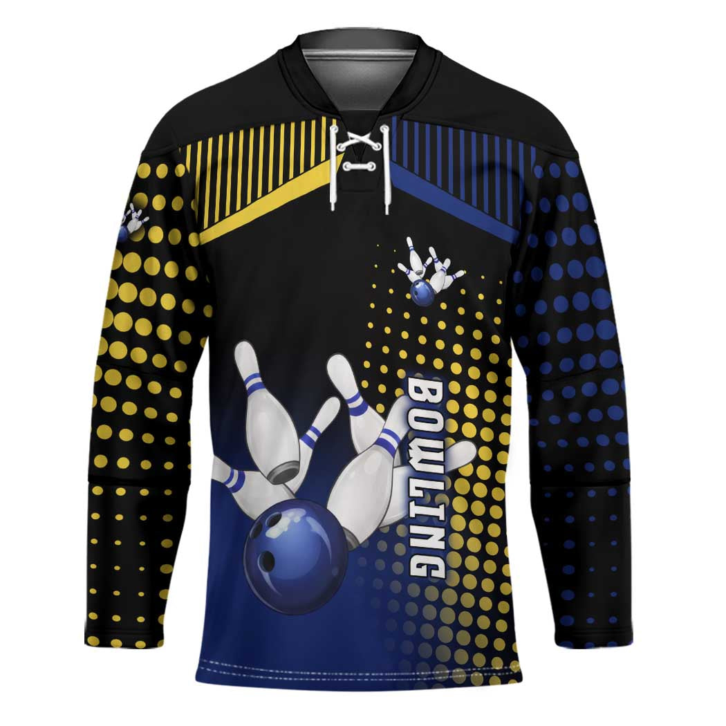 Personalized Blue and Yellow Bowling Hockey Jersey with Striking Pins Retro Dot Pattern Design - Wonder Print Shop