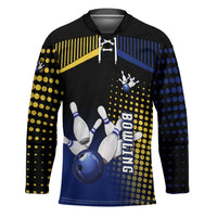Personalized Blue and Yellow Bowling Hockey Jersey with Striking Pins Retro Dot Pattern Design - Wonder Print Shop