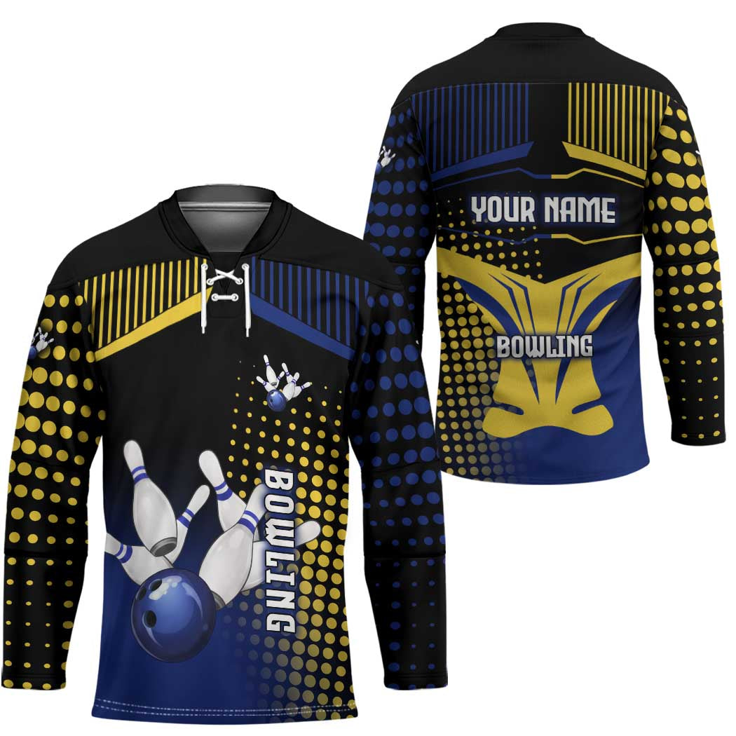 Personalized Blue and Yellow Bowling Hockey Jersey with Striking Pins Retro Dot Pattern Design - Wonder Print Shop