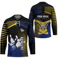 Personalized Blue and Yellow Bowling Hockey Jersey with Striking Pins Retro Dot Pattern Design - Wonder Print Shop