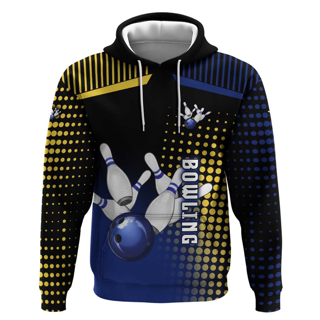 Personalized Blue and Yellow Bowling Hoodie with Striking Pins Retro Dot Pattern Design - Wonder Print Shop