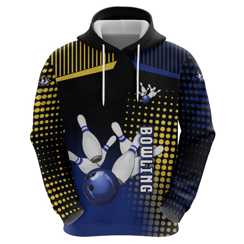 Personalized Blue and Yellow Bowling Hoodie with Striking Pins Retro Dot Pattern Design - Wonder Print Shop