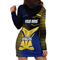 Personalized Blue and Yellow Bowling Hoodie Dress with Striking Pins Retro Dot Pattern Design - Wonder Print Shop