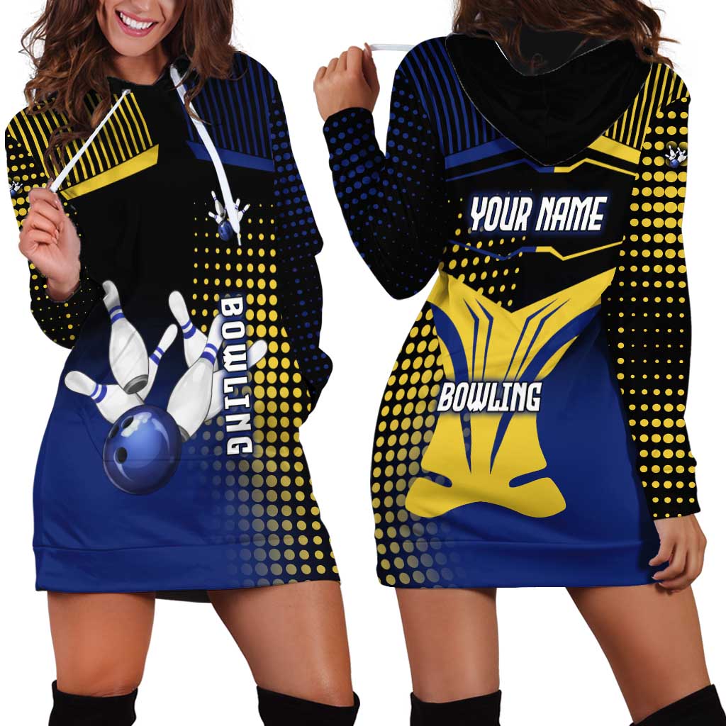 Personalized Blue and Yellow Bowling Hoodie Dress with Striking Pins Retro Dot Pattern Design - Wonder Print Shop