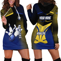 Personalized Blue and Yellow Bowling Hoodie Dress with Striking Pins Retro Dot Pattern Design - Wonder Print Shop