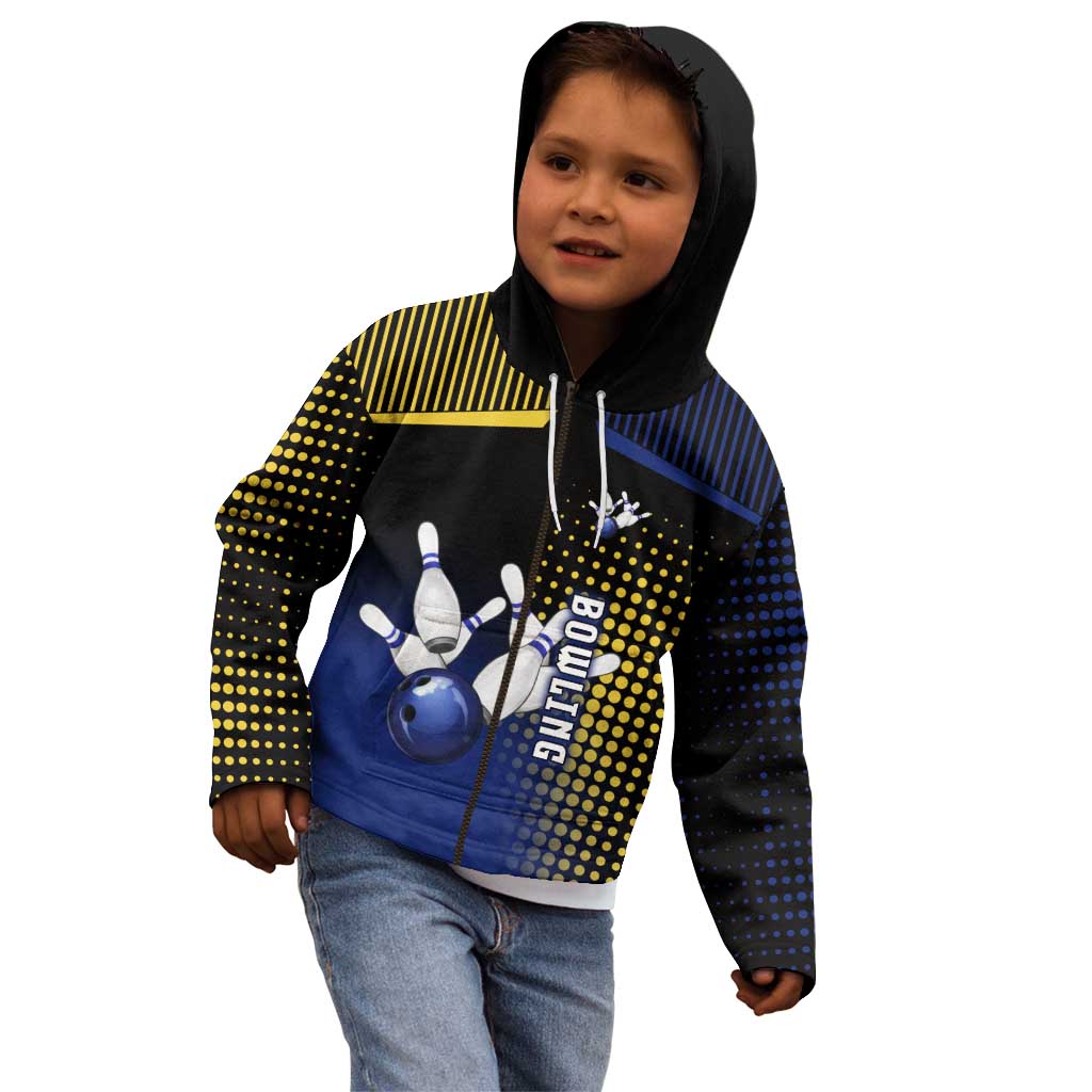 Personalized Blue and Yellow Bowling Kid Hoodie with Striking Pins Retro Dot Pattern Design - Wonder Print Shop