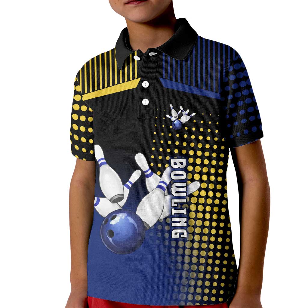 Personalized Blue and Yellow Bowling Kid Polo Shirt with Striking Pins Retro Dot Pattern Design - Wonder Print Shop