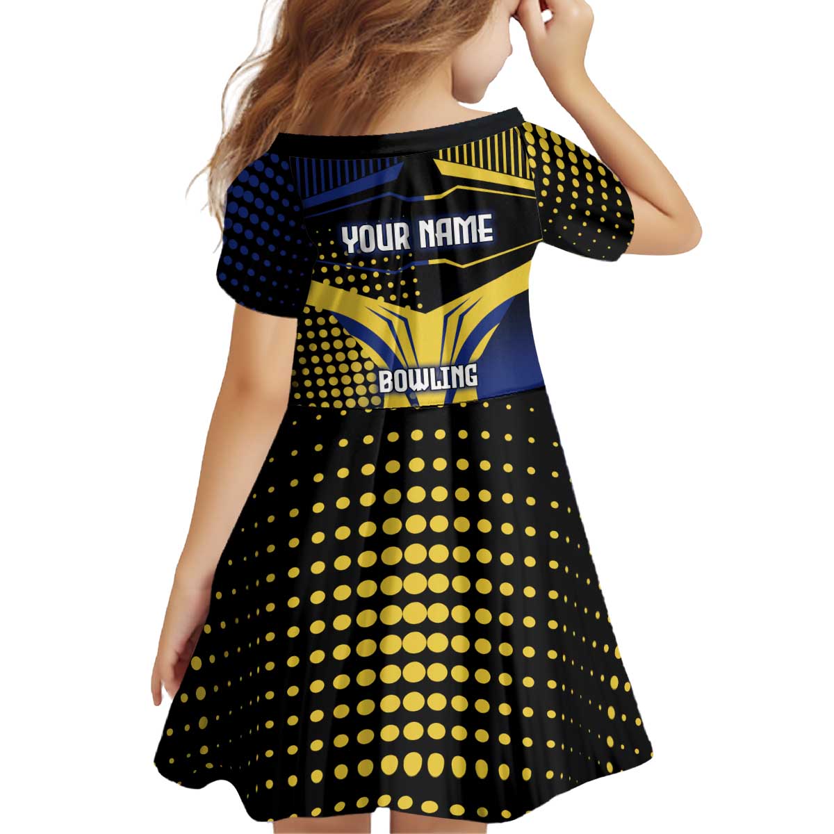 Personalized Blue and Yellow Bowling Kid Short Sleeve Dress with Striking Pins Retro Dot Pattern Design - Wonder Print Shop