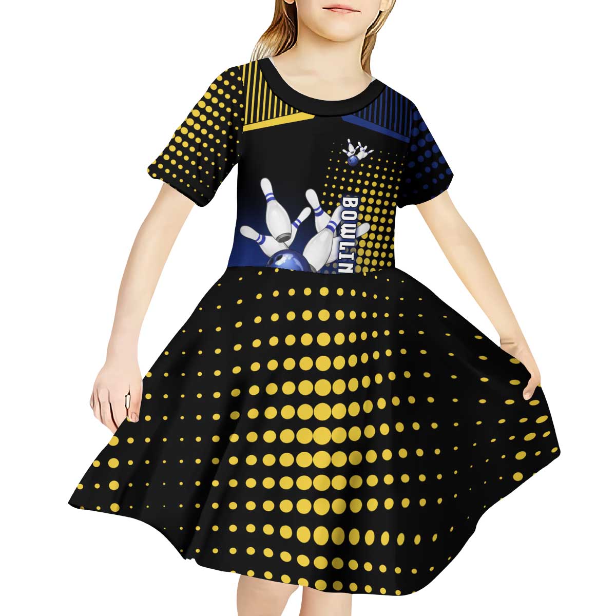 Personalized Blue and Yellow Bowling Kid Short Sleeve Dress with Striking Pins Retro Dot Pattern Design - Wonder Print Shop