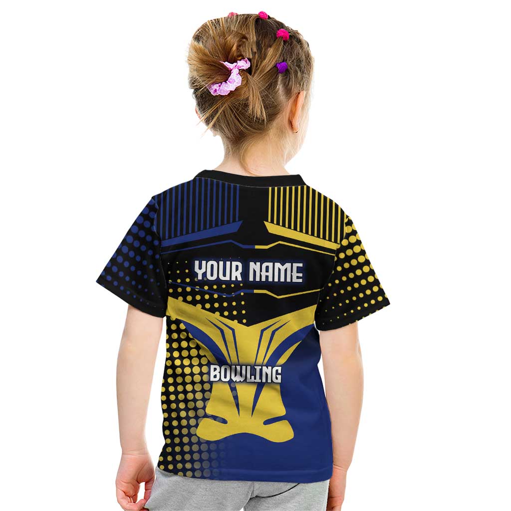 Personalized Blue and Yellow Bowling Kid T Shirt with Striking Pins Retro Dot Pattern Design - Wonder Print Shop