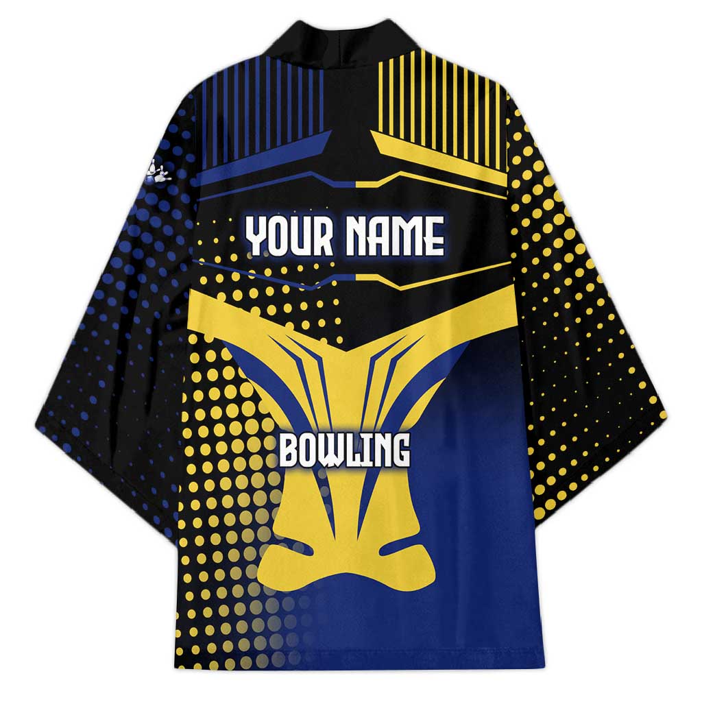 Personalized Blue and Yellow Bowling Kimono with Striking Pins Retro Dot Pattern Design - Wonder Print Shop