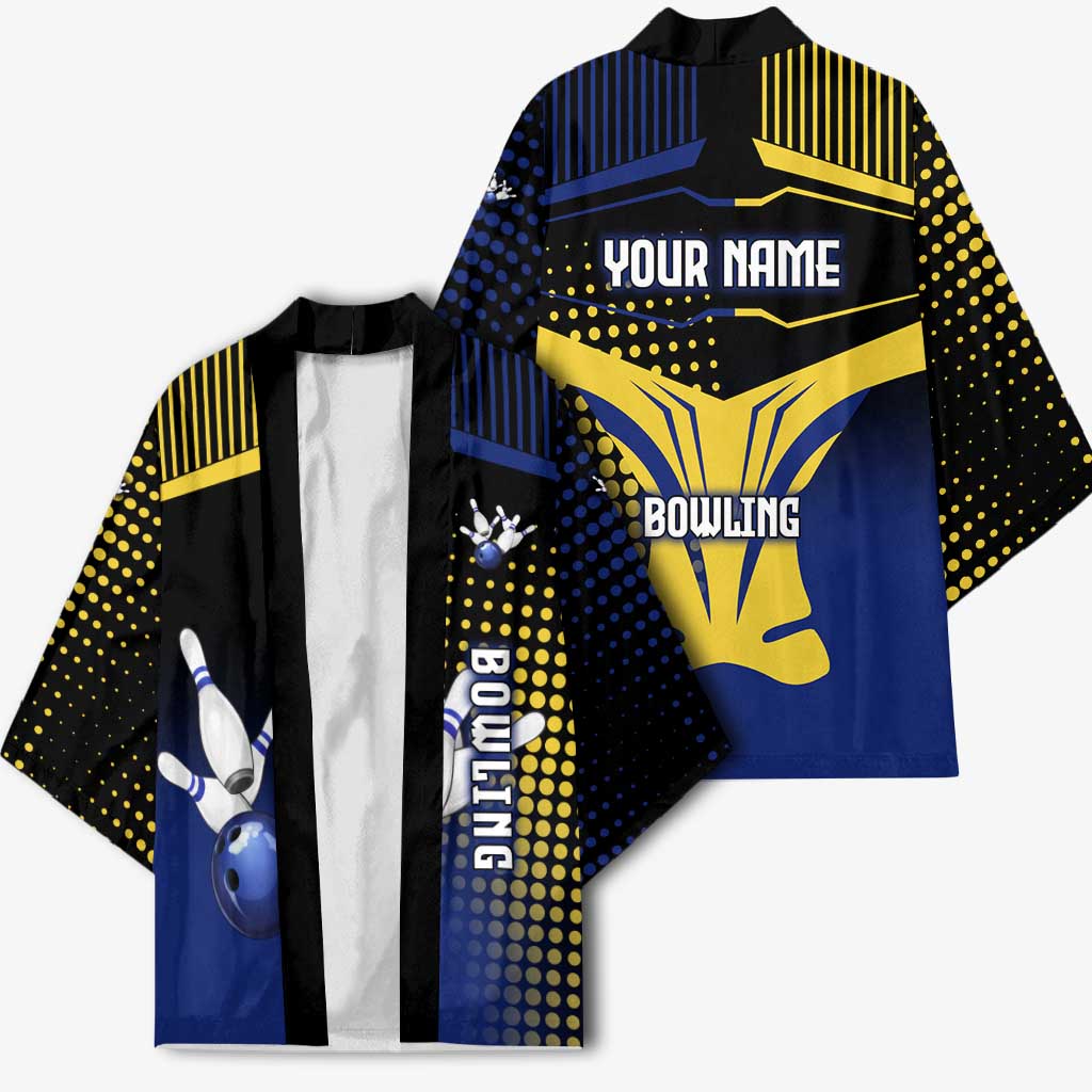 Personalized Blue and Yellow Bowling Kimono with Striking Pins Retro Dot Pattern Design - Wonder Print Shop