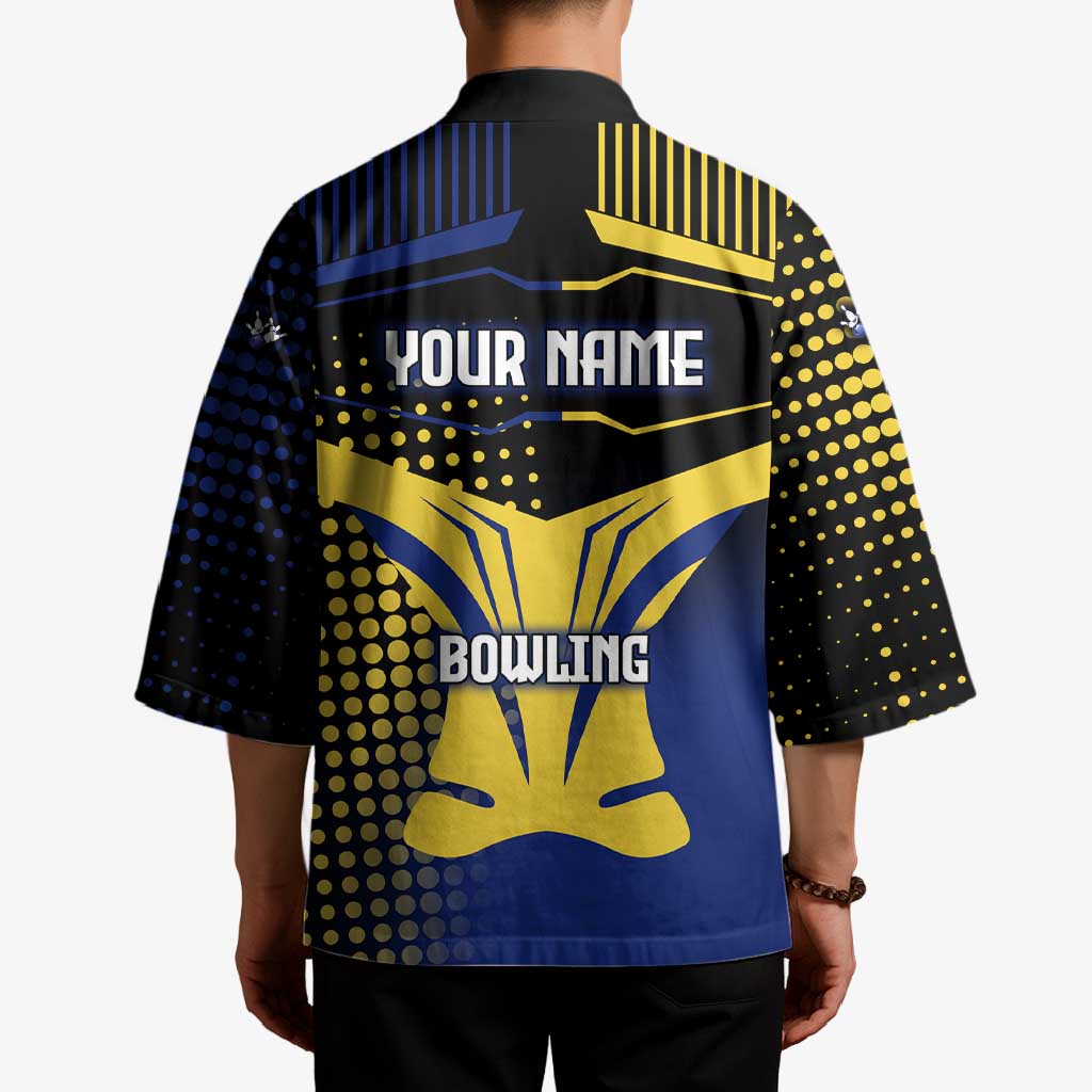 Personalized Blue and Yellow Bowling Kimono with Striking Pins Retro Dot Pattern Design - Wonder Print Shop