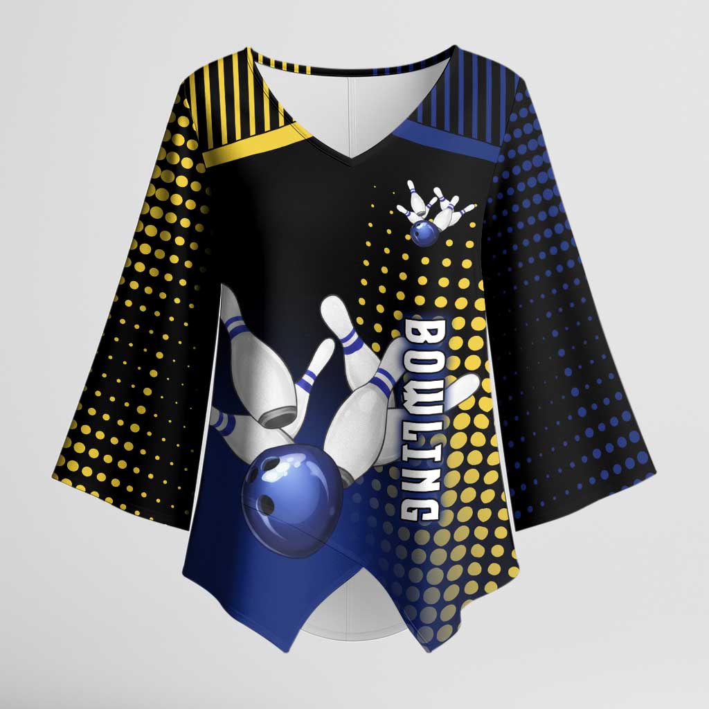 Personalized Blue and Yellow Bowling Kimono Sleeve Blouse with Striking Pins Retro Dot Pattern Design - Wonder Print Shop