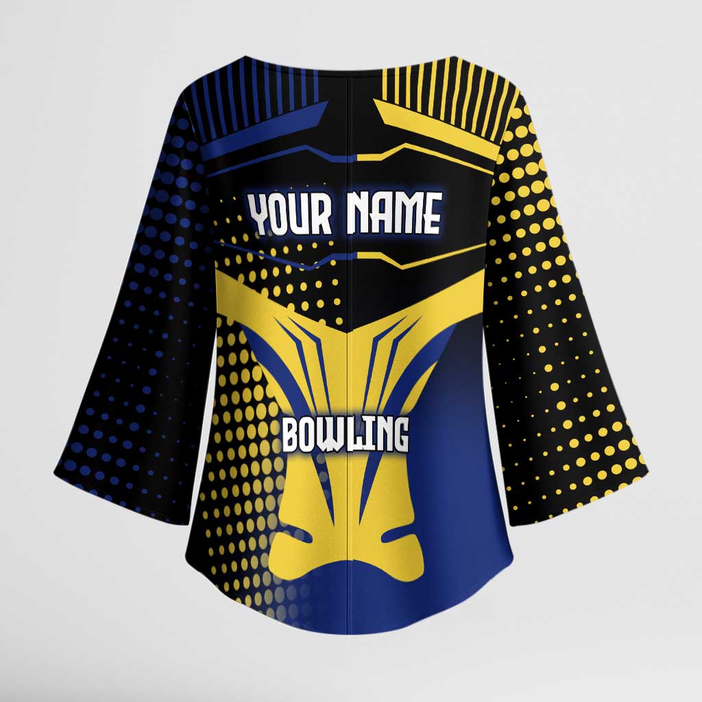 Personalized Blue and Yellow Bowling Kimono Sleeve Blouse with Striking Pins Retro Dot Pattern Design - Wonder Print Shop