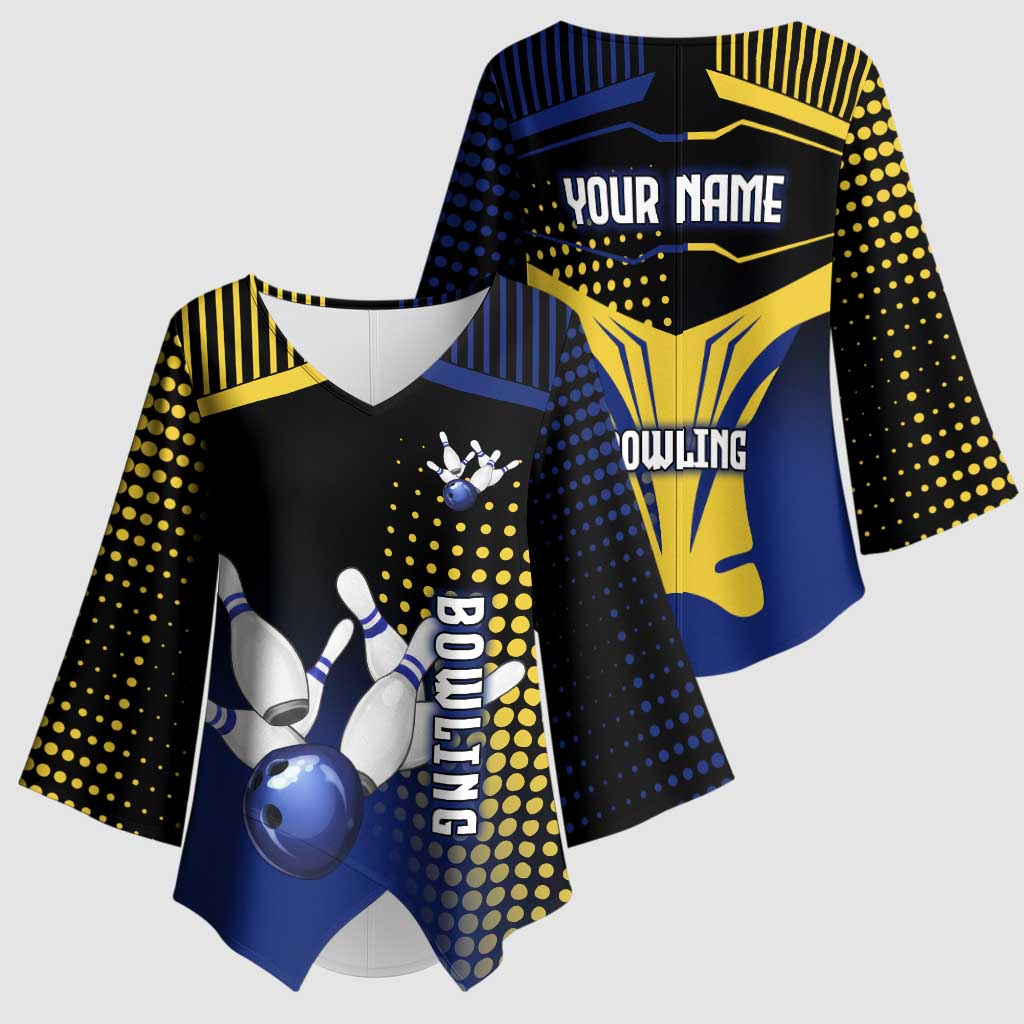Personalized Blue and Yellow Bowling Kimono Sleeve Blouse with Striking Pins Retro Dot Pattern Design - Wonder Print Shop