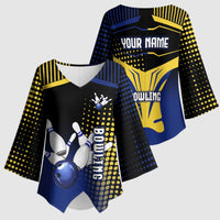 Personalized Blue and Yellow Bowling Kimono Sleeve Blouse with Striking Pins Retro Dot Pattern Design - Wonder Print Shop