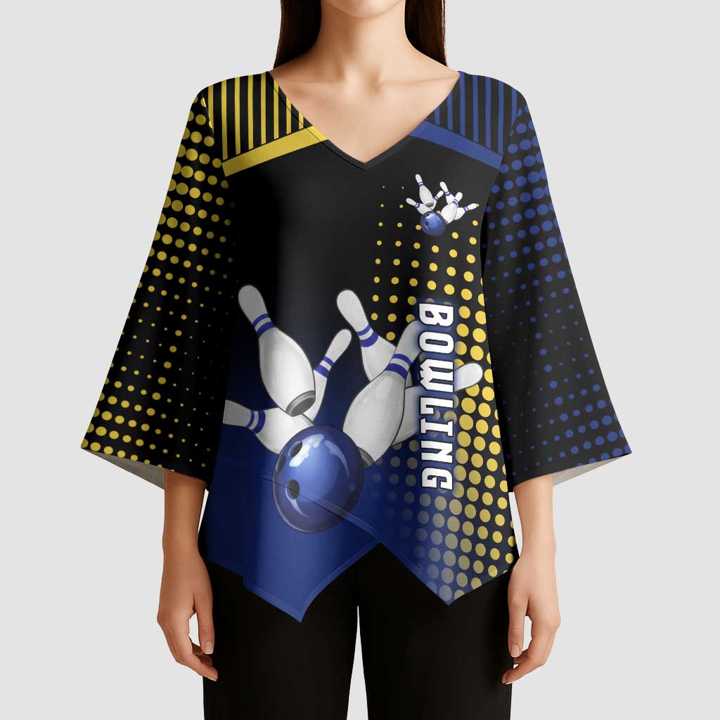 Personalized Blue and Yellow Bowling Kimono Sleeve Blouse with Striking Pins Retro Dot Pattern Design - Wonder Print Shop