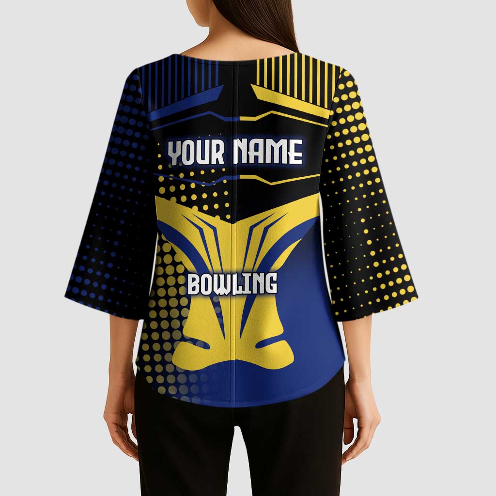 Personalized Blue and Yellow Bowling Kimono Sleeve Blouse with Striking Pins Retro Dot Pattern Design - Wonder Print Shop