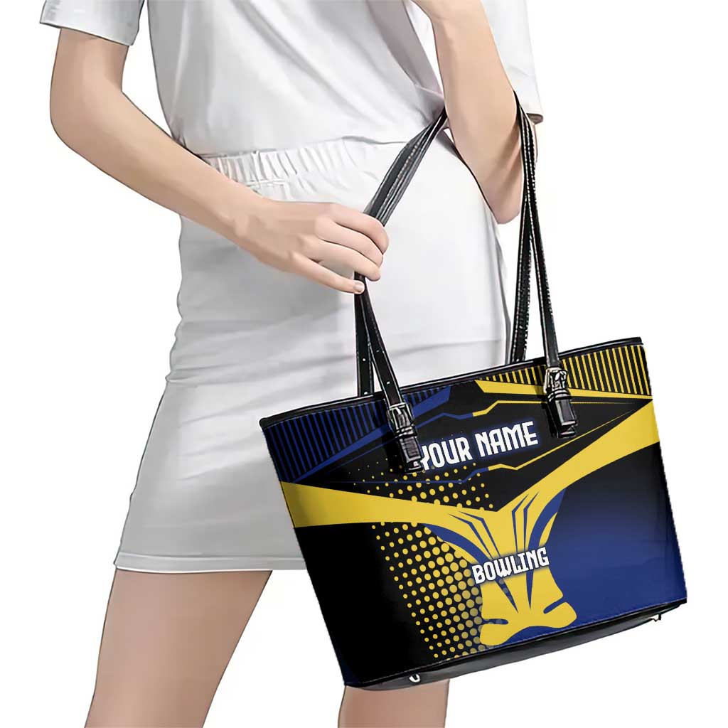 Personalized Blue and Yellow Bowling Leather Tote Bag with Striking Pins Retro Dot Pattern Design - Wonder Print Shop