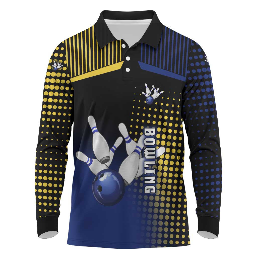 Personalized Blue and Yellow Bowling Long Sleeve Polo Shirt with Striking Pins Retro Dot Pattern Design - Wonder Print Shop