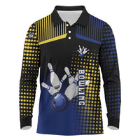 Personalized Blue and Yellow Bowling Long Sleeve Polo Shirt with Striking Pins Retro Dot Pattern Design - Wonder Print Shop