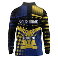 Personalized Blue and Yellow Bowling Long Sleeve Polo Shirt with Striking Pins Retro Dot Pattern Design - Wonder Print Shop