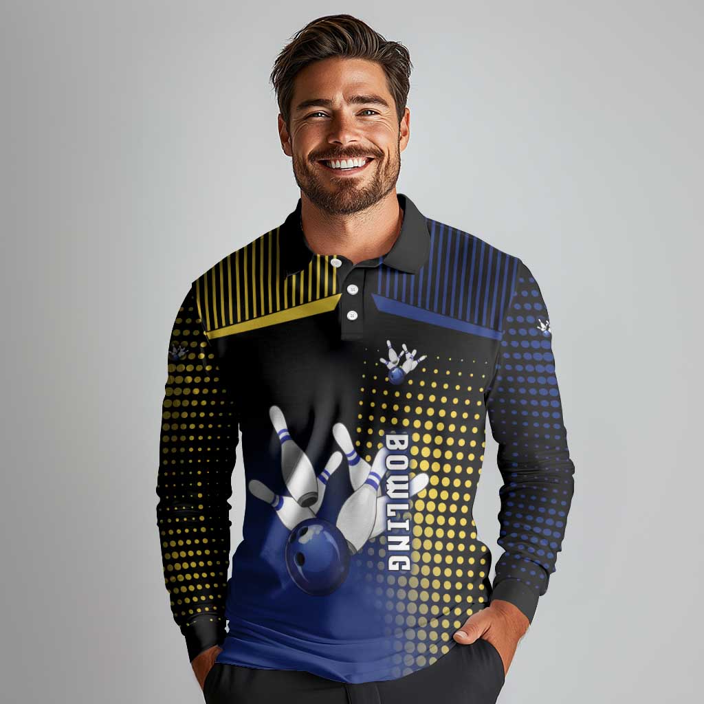 Personalized Blue and Yellow Bowling Long Sleeve Polo Shirt with Striking Pins Retro Dot Pattern Design - Wonder Print Shop