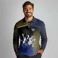 Personalized Blue and Yellow Bowling Long Sleeve Polo Shirt with Striking Pins Retro Dot Pattern Design - Wonder Print Shop