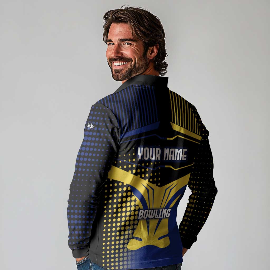 Personalized Blue and Yellow Bowling Long Sleeve Polo Shirt with Striking Pins Retro Dot Pattern Design - Wonder Print Shop