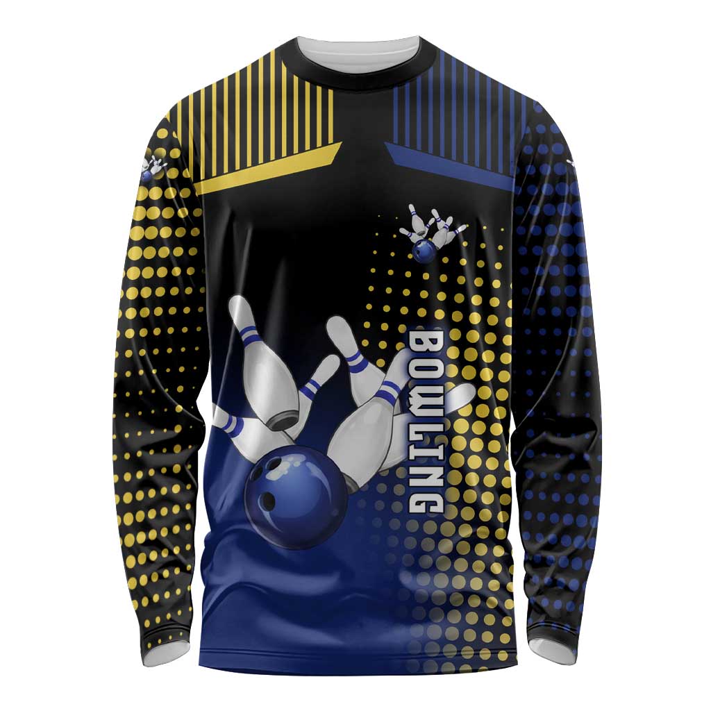 Personalized Blue and Yellow Bowling Long Sleeve Shirt with Striking Pins Retro Dot Pattern Design - Wonder Print Shop