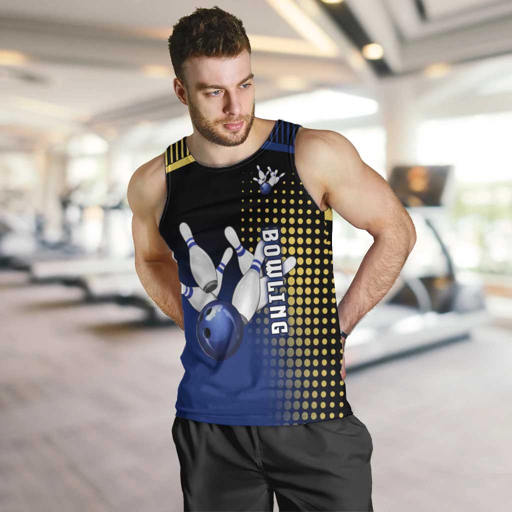 Personalized Blue and Yellow Bowling Men Tank Top with Striking Pins Retro Dot Pattern Design - Wonder Print Shop