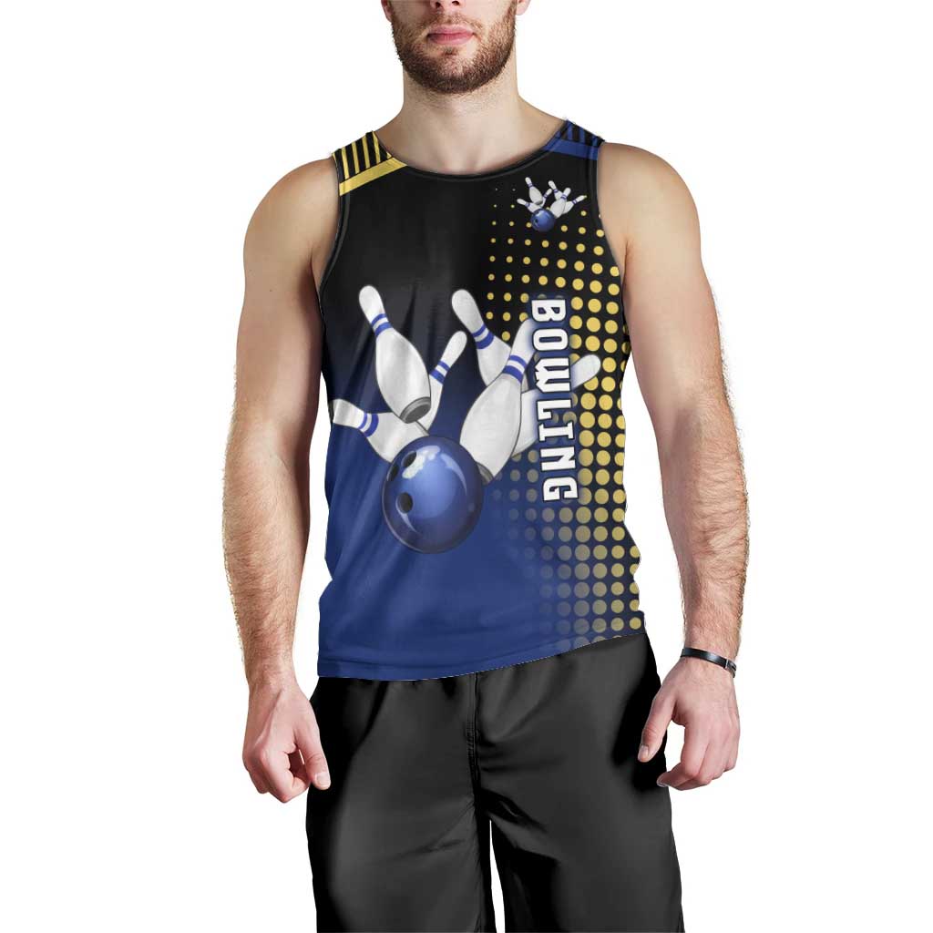 Personalized Blue and Yellow Bowling Men Tank Top with Striking Pins Retro Dot Pattern Design - Wonder Print Shop