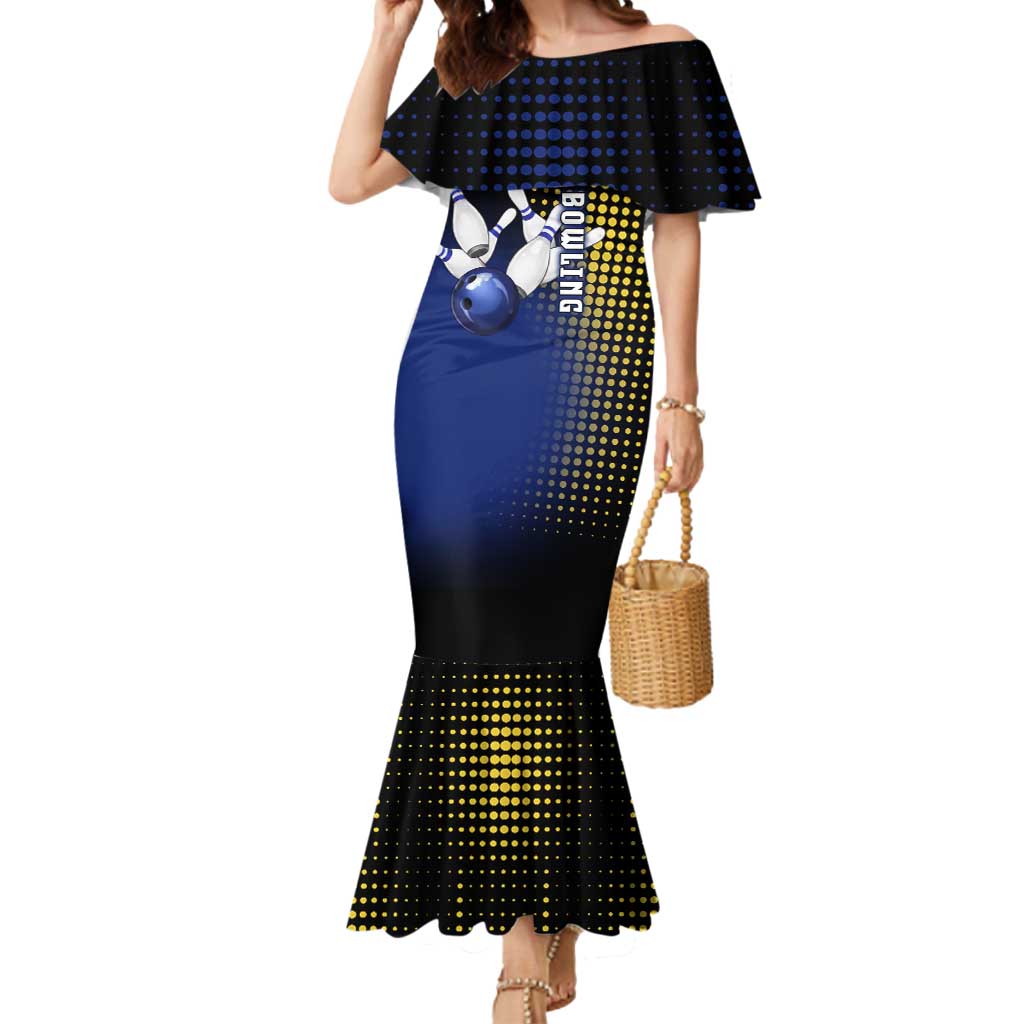 Personalized Blue and Yellow Bowling Mermaid Dress with Striking Pins Retro Dot Pattern Design - Wonder Print Shop