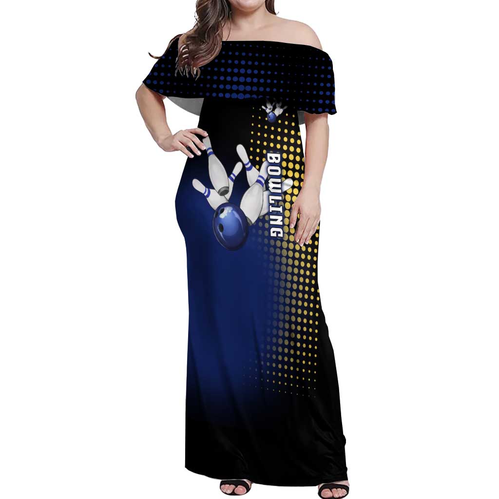 Personalized Blue and Yellow Bowling Off Shoulder Maxi Dress with Striking Pins Retro Dot Pattern Design - Wonder Print Shop